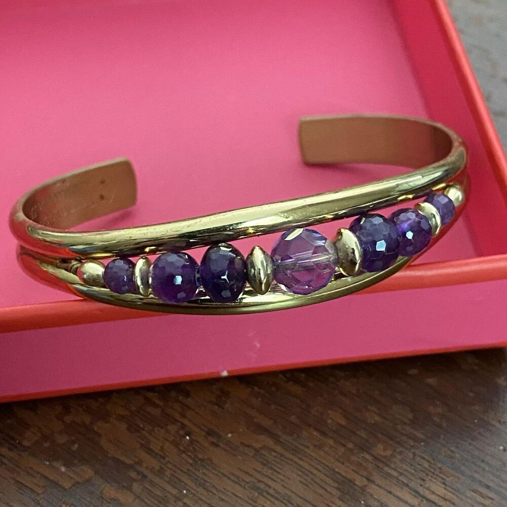 Sergio Lub Bracelet Brass Cuff Purple Glass Beaded Handmade USA 7.5 Inch Jewelry